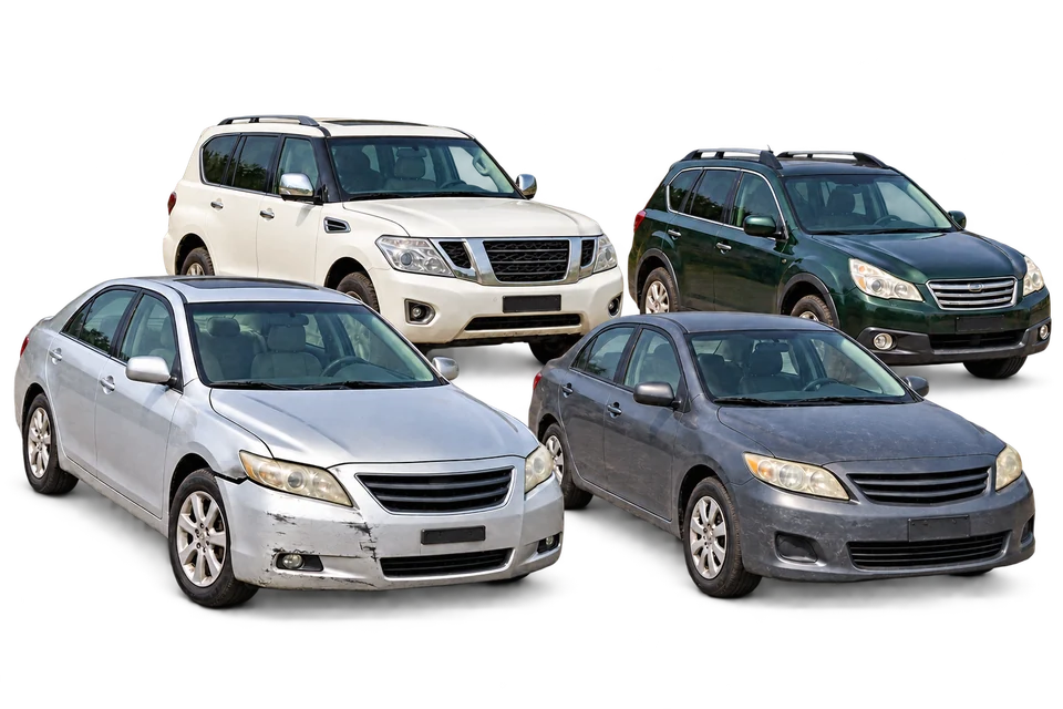 Cars in different conditions, including damaged vehicles